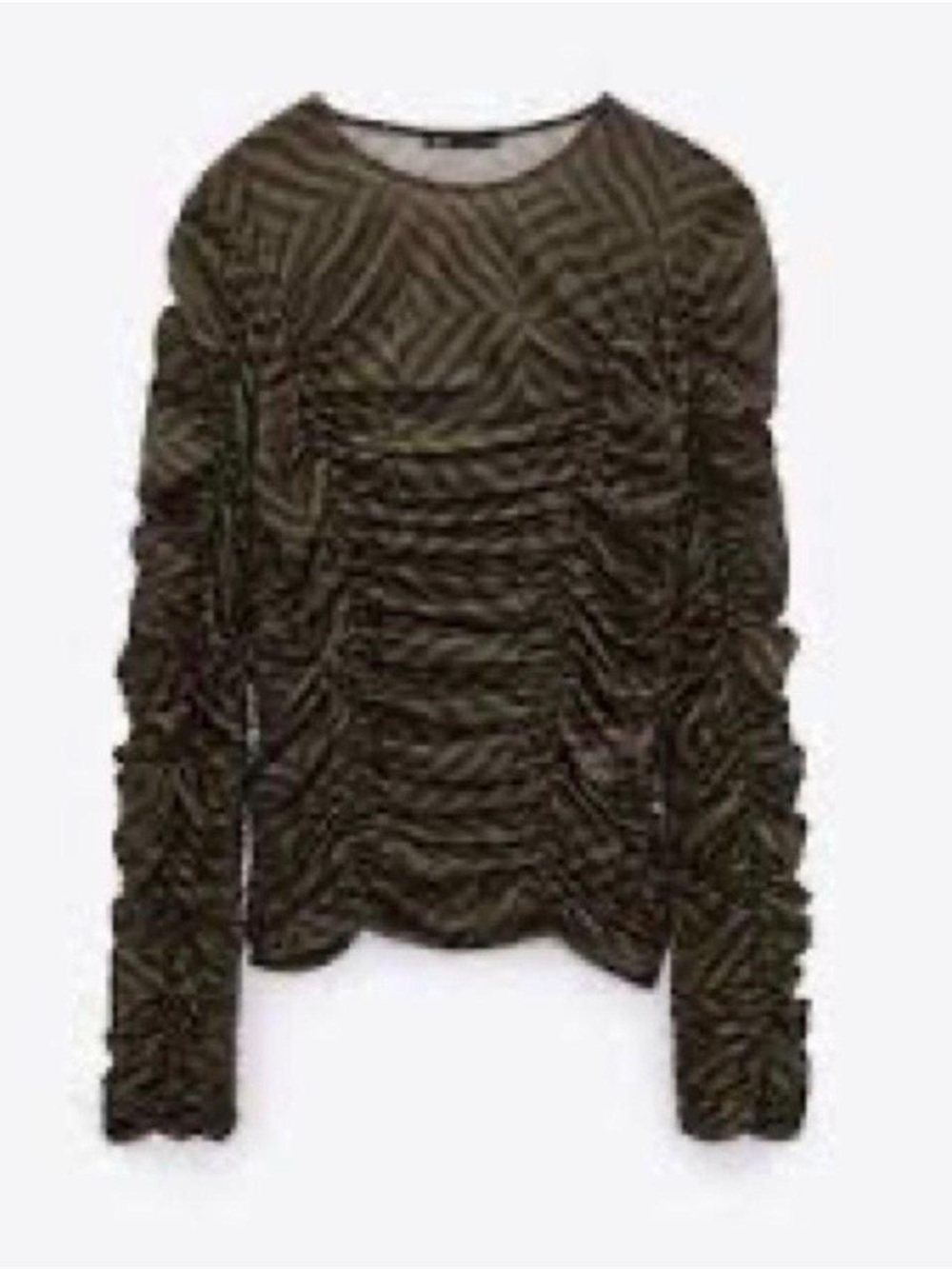 Zara Olive Green Ruched Long Sleeve Crewneck Top
